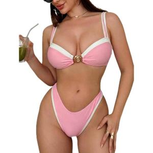 image:imageFloerns Womens Elegant High Cut Bikini Sets Cheeky Thong Brazilian Two Piece Bathing SuitLight Pink