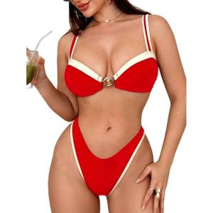 image:imageFloerns Womens Elegant High Cut Bikini Sets Cheeky Thong Brazilian Two Piece Bathing SuitRed