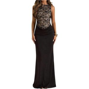 image:imageFloerns Womens Elegant Mesh Sleeveless Maxi Dress Ruched Bodycon Evening Wedding Guest DressesBlack