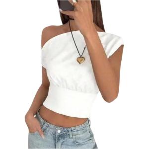 image:imageFloerns Womens Elegant Off The Shoulder Cropped Tops Dolman Sleeve Dressy Casual Tee ShirtsWhite