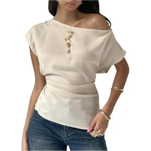 image:imageFloerns Womens Elegant Off The Shoulder Shirts Ruched Short Sleeve Dressy Casual BlousesApricot