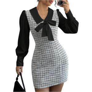 image:imageFloerns Womens Elegant Plaid Tweed Dress Bow Front Lantern Long Sleeve 2 in 1 Mini Houndstooth DressesBlack