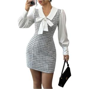 image:imageFloerns Womens Elegant Plaid Tweed Dress Bow Front Lantern Long Sleeve 2 in 1 Mini Houndstooth DressesBlack and White
