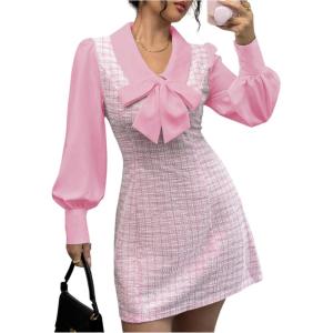 image:imageFloerns Womens Elegant Plaid Tweed Dress Bow Front Lantern Long Sleeve 2 in 1 Mini Houndstooth DressesPink