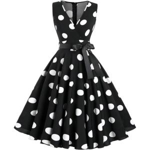 image:imageFloerns Womens Elegant Polka Dots Maxi Dress V Neck Sleeveless Ruffle Vintage Party A Line DressesBlack
