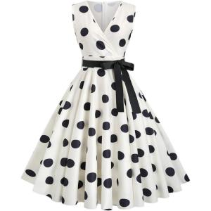 image:imageFloerns Womens Elegant Polka Dots Maxi Dress V Neck Sleeveless Ruffle Vintage Party A Line DressesWhite