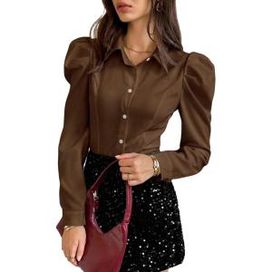 image:imageFloerns Womens Elegant Puff Long Sleeve Collared Shirts Button Down Dressy Blouse TopDark Brown