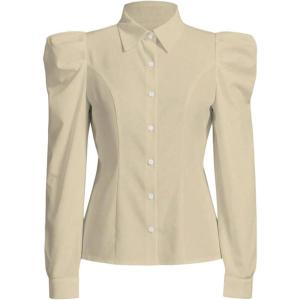 image:imageFloerns Womens Elegant Puff Long Sleeve Collared Shirts Button Down Dressy Blouse TopKhaki