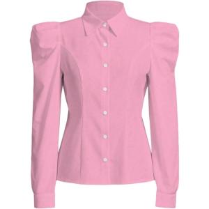 image:imageFloerns Womens Elegant Puff Long Sleeve Collared Shirts Button Down Dressy Blouse TopPink