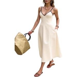 image:imageFloerns Womens Elegant Spaghetti Strap Tie Back Midi Dress Flared Wedding Guest DressesApricot