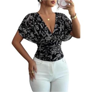 image:imageFloerns Womens Floral Dolman Sleeve Boho Tops Deep V Neck Ruched Vacation Blouse TopsBlack