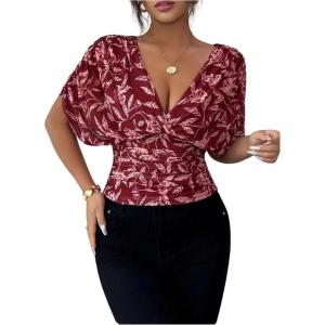 image:imageFloerns Womens Floral Dolman Sleeve Boho Tops Deep V Neck Ruched Vacation Blouse TopsBurgundy