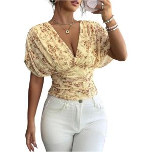 image:imageFloerns Womens Floral Dolman Sleeve Boho Tops Deep V Neck Ruched Vacation Blouse TopsYellow