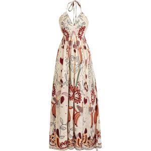 image:imageFloerns Womens Floral Halter Boho Maxi Dress Sleeveless Smocked Vintage Flowy Beach DressBeige Multi