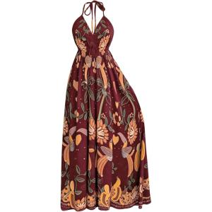 image:imageFloerns Womens Floral Halter Boho Maxi Dress Sleeveless Smocked Vintage Flowy Beach DressBurgundy