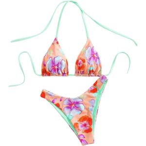 image:imageFloerns Womens Floral High Cut Bikini Sets Halter Swimsuit Cheeky 2 Piece Bathing SuitLight Orange