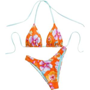 image:imageFloerns Womens Floral High Cut Bikini Sets Halter Swimsuit Cheeky 2 Piece Bathing SuitOrange
