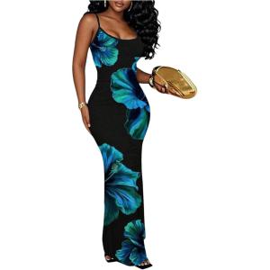 image:imageFloerns Womens Floral Maxi Dress Spaghetti Strap Fishtail Bodycon Beach Vacation DressesBlack and Blue