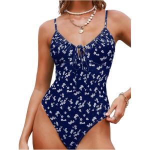 image:imageFloerns Womens Floral One Piece Swimsuit Spaghetti Strap Tummy Control Cut Out Bathing SuitBlue
