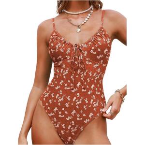 image:imageFloerns Womens Floral One Piece Swimsuit Spaghetti Strap Tummy Control Cut Out Bathing SuitBrown