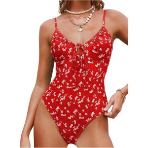 image:imageFloerns Womens Floral One Piece Swimsuit Spaghetti Strap Tummy Control Cut Out Bathing SuitRed