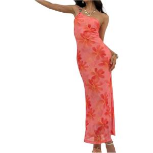 image:imageFloerns Womens Floral One Shoulder Maxi Dress Beaded Backless Beach Vacation Bodycon DressesCoral Pink