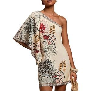image:imageFloerns Womens Floral One Shoulder Mini Dress Dolman Sleeve Vacation Tunic DressesApricot