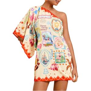 image:imageFloerns Womens Floral One Shoulder Mini Dress Dolman Sleeve Vacation Tunic DressesBeige Ocean