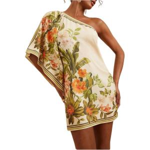 image:imageFloerns Womens Floral One Shoulder Mini Dress Dolman Sleeve Vacation Tunic DressesBeige and Green