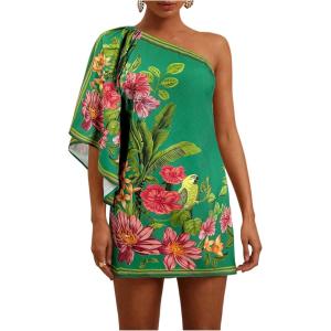 image:imageFloerns Womens Floral One Shoulder Mini Dress Dolman Sleeve Vacation Tunic DressesGreen