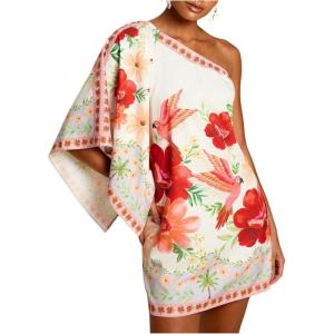 image:imageFloerns Womens Floral One Shoulder Mini Dress Dolman Sleeve Vacation Tunic DressesRed