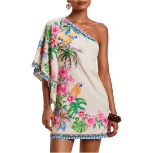 image:imageFloerns Womens Floral One Shoulder Mini Dress Dolman Sleeve Vacation Tunic DressesWhite Multi