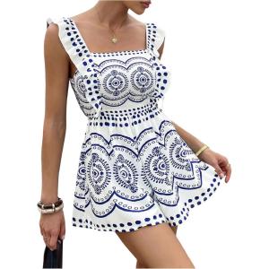 image:imageFloerns Womens Floral Print Ruffle Boho Sleeveless Romper Tie Backless Cut Out Summer Short JumpsuitBlue and White