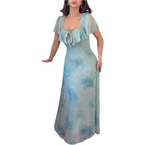 image:imageFloerns Womens Floral Ruffle Bow Front Wedding Guest Dress Mesh Short Sleeve Square Neck Maxi DressesPastel Green
