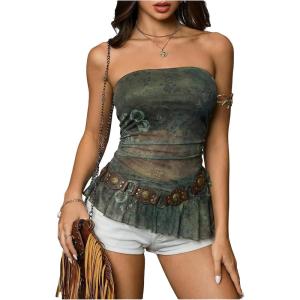 image:imageFloerns Womens Floral Ruffle Tube Tops Y2k Strapless Sleeveless Ruched Mesh Going Out TopArmy Green