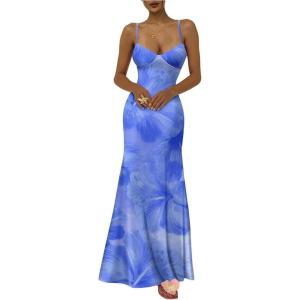 image:imageFloerns Womens Floral Spaghetti Strap Maxi Dress Tie Backless Fishtail Beach DressesBlue