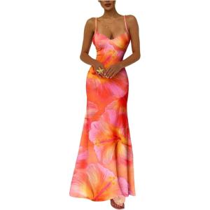 image:imageFloerns Womens Floral Spaghetti Strap Maxi Dress Tie Backless Fishtail Beach DressesOrange