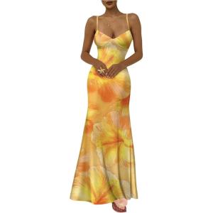 image:imageFloerns Womens Floral Spaghetti Strap Maxi Dress Tie Backless Fishtail Beach DressesYellow