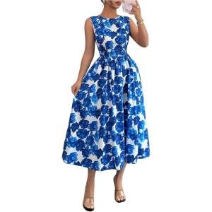 image:imageFloerns Womens Floral Tank Boho Midi Dress Sleeveless Ruffle Beach A Line DressesBlue and White