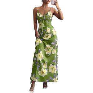 image:imageFloerns Womens Floral Tie Front Boho Maxi Dress Spaghetti Strap Stain Split Beach DressesGreen