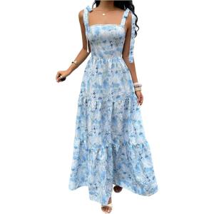 image:imageFloerns Womens Floral Tie Shoulder Maxi Dress Smocked Tiered Ruffle Flowy Vacation DressesBlue and White