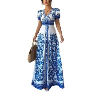 image:imageFloerns Womens Floral V Neck Maxi Dress Button Down Puff Sleeve Beach Vacation DressesBlue and White