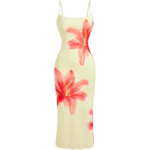 image:imageFloerns Womens Flower Mesh Cami Midi Dress Spaghetti Strap Bodycon Summer Beach DressesYellow