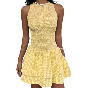image:imageFloerns Womens Gingham Sleeveless Mini Dress Tiered Ruffle Smocked Vacation A Line DressesYellow