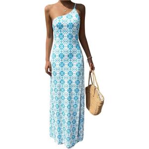 image:imageFloerns Womens Graphic One Shoulder Boho Maxi Dress Sleeveless Slit Beach DressesBlue and White