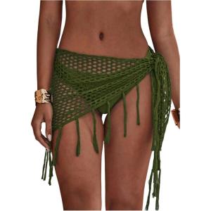 image:imageFloerns Womens Hollow Out Beach Cover Up Skirt Crochet Fringe Trim Swimsuit Wrap SarongArmy Green
