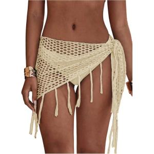 image:imageFloerns Womens Hollow Out Beach Cover Up Skirt Crochet Fringe Trim Swimsuit Wrap SarongBeige