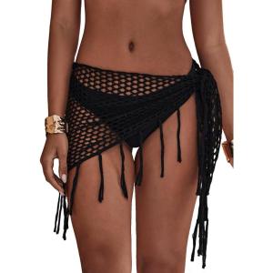 image:imageFloerns Womens Hollow Out Beach Cover Up Skirt Crochet Fringe Trim Swimsuit Wrap SarongBlack