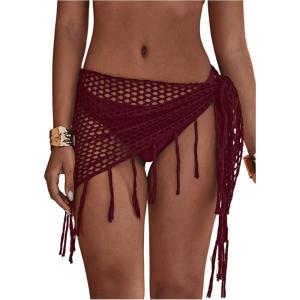 image:imageFloerns Womens Hollow Out Beach Cover Up Skirt Crochet Fringe Trim Swimsuit Wrap SarongBurgundy