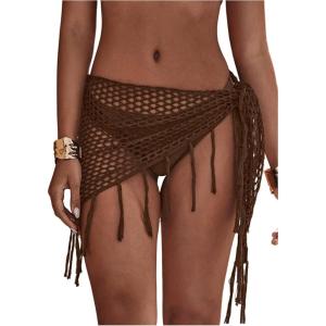 image:imageFloerns Womens Hollow Out Beach Cover Up Skirt Crochet Fringe Trim Swimsuit Wrap SarongChocolate Brown